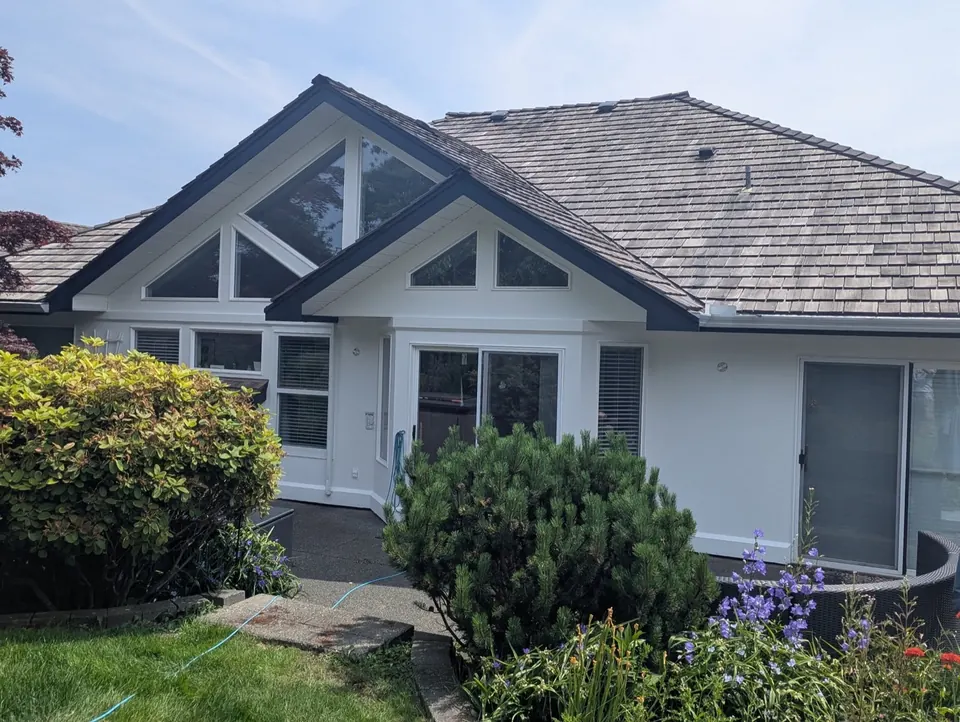 Side of the house with white siding and dark trim